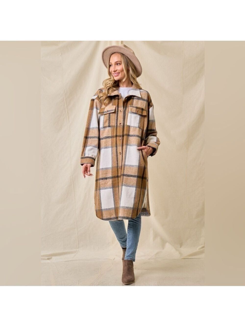 New! Brushed Long Tan Shacket with pockets - Picture 3 of 4